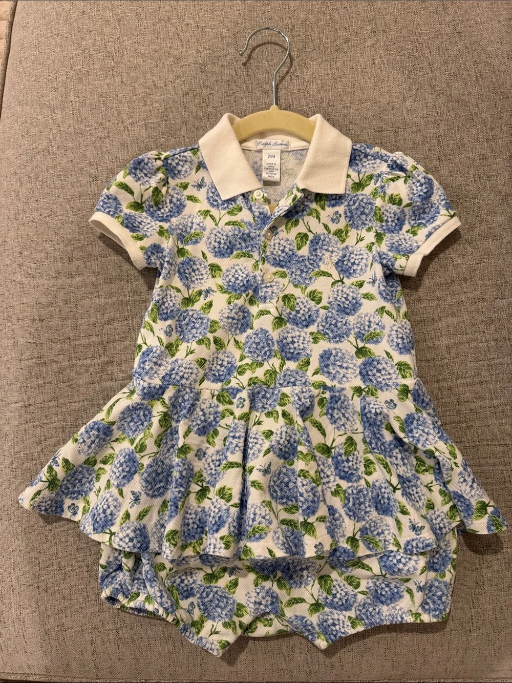 Ralph Lauren Hydrangea Floral Cotton Mesh Polo Bubble Shortall, size 24M
